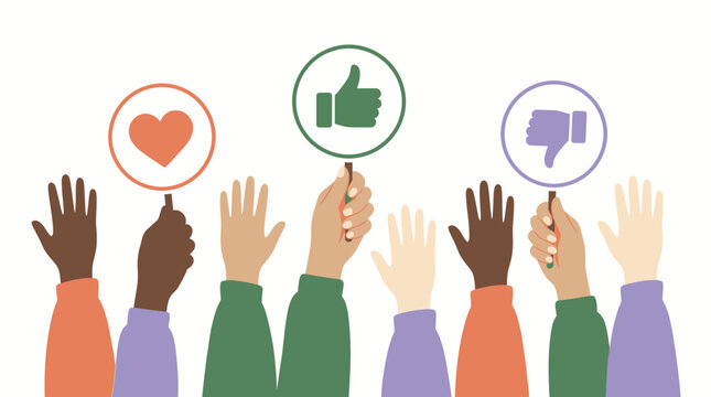 Diverse group of raised human hands with different skin tones holding round signs of heart, thumbs up and thumbs down icons, symbolizing customer satisfaction and illustrating social media