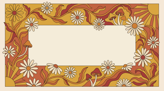 Groovy 1970s psychedelic retro frame with hand drawn daisies and mushrooms on vintage orange wavy background, symbolizing creative poster design and illustrating nostalgic greeting cards