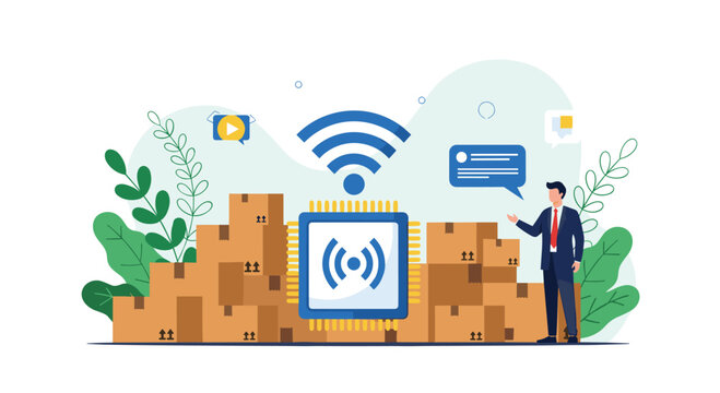 Business professional presenting global logistics solutions featuring a stack of cardboard boxes and a wireless technology microchip.