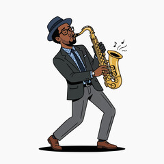 Fototapeta premium Jazz musician playing saxophone in a suit and hat with musical notes