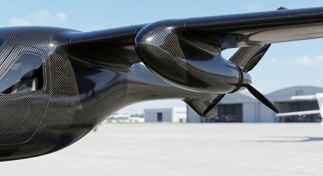 Sleek carbon fiber fuselage of futuristic electric aircraft with copy space