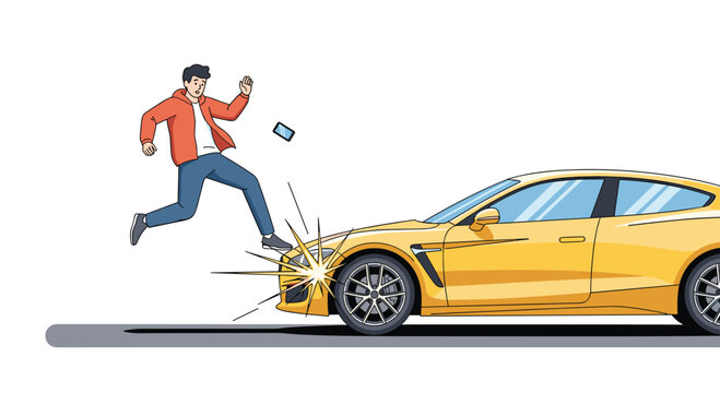Dangerous road accident scene where a yellow car has struck a pedestrian who is falling backwards after the collision.