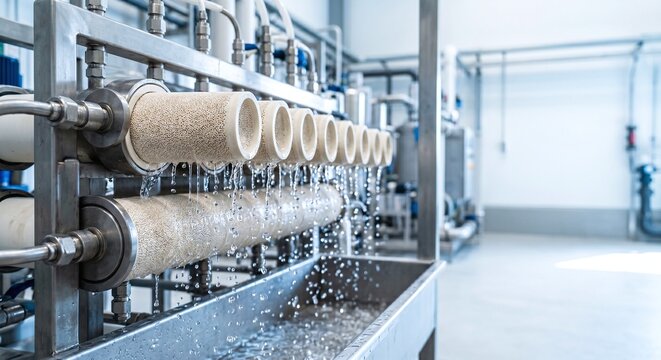 Modern water purification ceramic filters with clean water and copy space