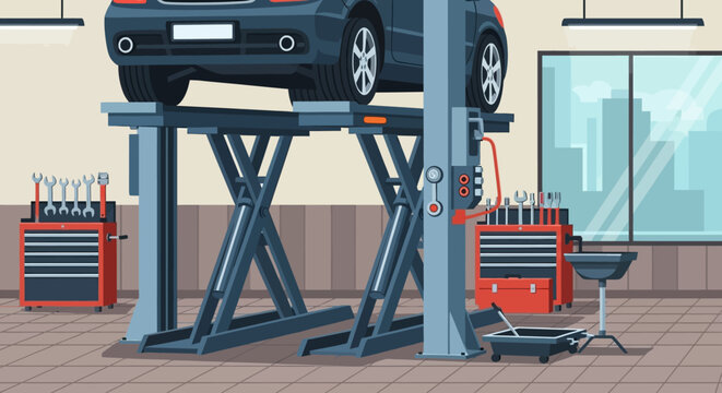 Car on a hydraulic lift machine.