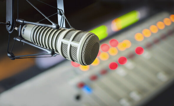 Professional microphone and sound mixer in radio studio