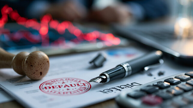 Financial default on a desk with a stamped document, broken pen, and falling market chart in a dramatic realistic close up