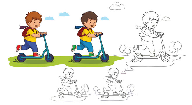 Coloring book page layout featuring children riding kick scooters with both colored and black and white line art versions.