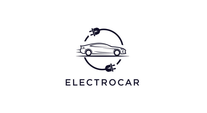 Electrocar logo design featuring a stylized car silhouette between two electrical plugs forming a circular symbol on white.