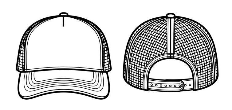 Trucker cap mesh hat front and back view line art vector illustration