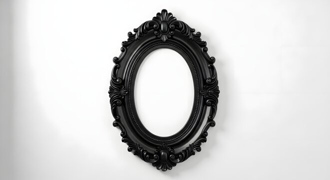 Ornate black oval picture frame with decorative carvings hanging centered on a simple white wall