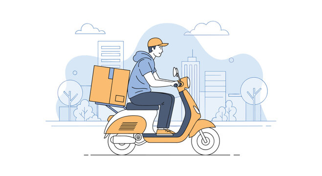 Smiling delivery courier riding motor scooter through city street carrying cardboard box package for fast parcel shipping service.