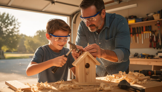 Focused father and young son wearing safety goggles working together in a warm workshop carpentry garage to build a wooden birdhouse with a hammer and tools for diy project