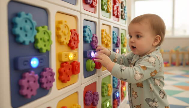Curious baby standing and playing with an interactive educational busy board wall featuring colorful turning plastic gears and glowing buttons in a bright playroom nursery