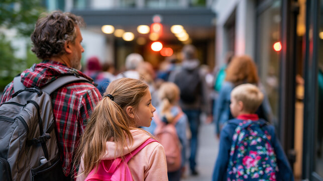 Family evacuating a building during an emergency drill with backpacks and bright emergency lights in an orderly calm scene