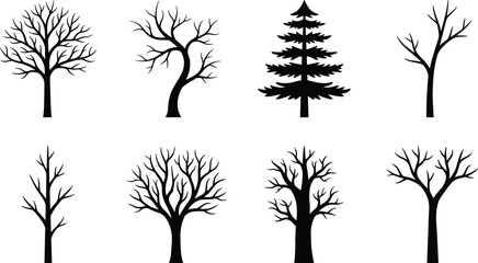 Obraz premium Collection of black tree branches silhouettes against a white background representing growth and nature concepts
