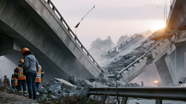 Emergency crews inspect earthquake damage on a partially collapsed bridge under a grey sky with dust and rubble realistic non graphic disaster scene