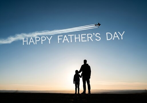 Happy father's day silhouette of father and child with skywriting airplane