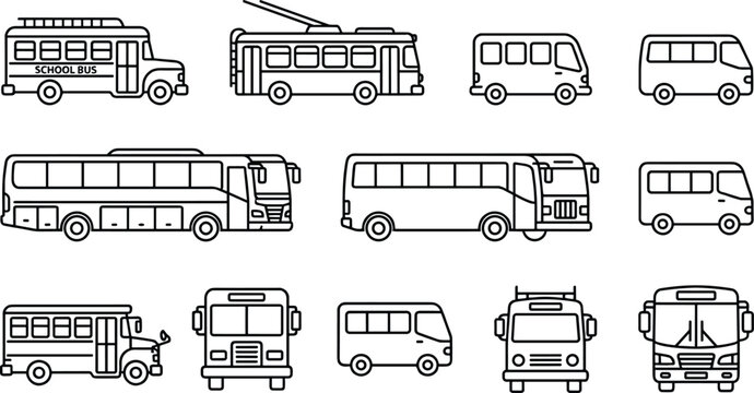 Collection of diverse bus silhouettes including school city and trolley types on white background