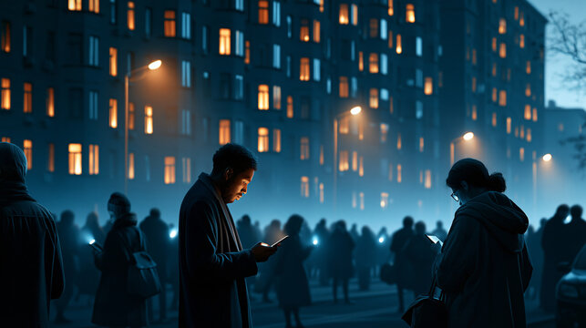 City street at night during a blackout with dark apartment windows and people using phone flashlights in a tense cinematic scene