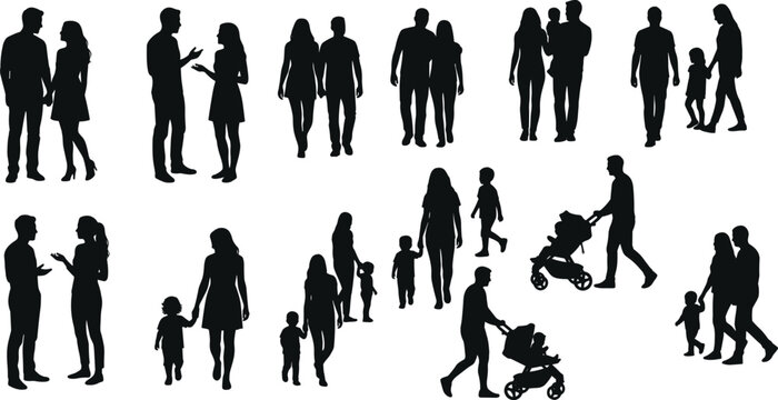 Silhouettes of diverse family groups, couples talking, parents walking with children, and baby strollers isolated on white background collection