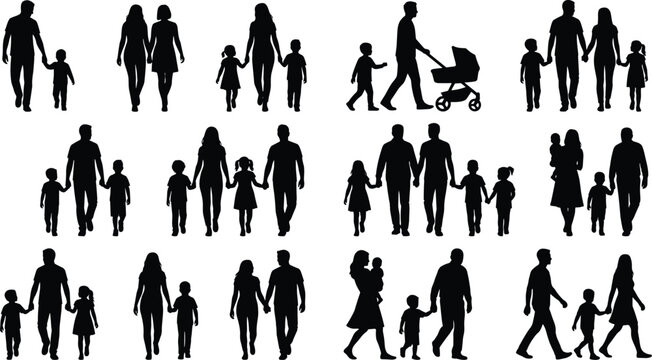 Mega collection of family silhouettes featuring parents walking with children holding hands couples and baby strollers isolated on white background