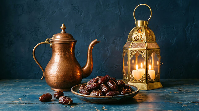 Ramadan decor with dates and lantern