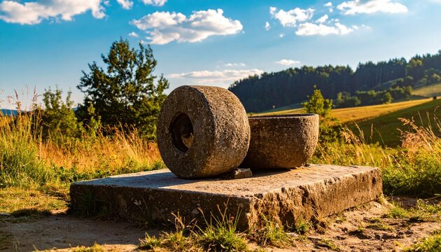 A Large Heavy Stone Grinding Wheel And Companion Stone Resting On A Pedestal Outdoors