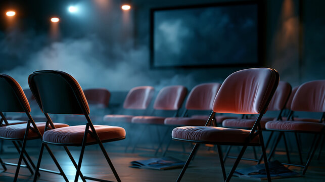 Empty chairs and abandoned brochures at a failed product launch event with a dark presentation screen business failure atmosphere
