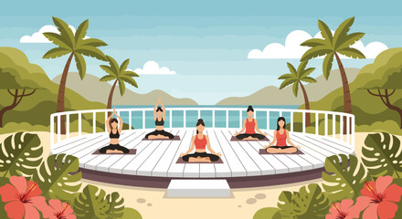 Fototapeta premium People doing yoga on deck.