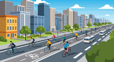 Naklejka premium People Riding Bicycles on Roadway Lane.