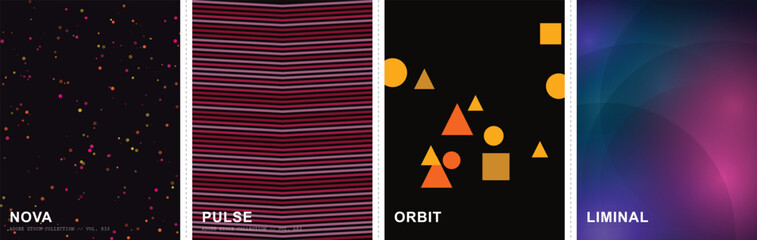 Abstract futuristic poster set with Nova, Pulse, Orbit, and Liminal themes, dark geometric vector backgrounds, minimalist cosmic cover designs © Ayesha Amjad