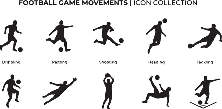Football Game Movements Icon Collection and Labeled Soccer Silhouette Vector Set