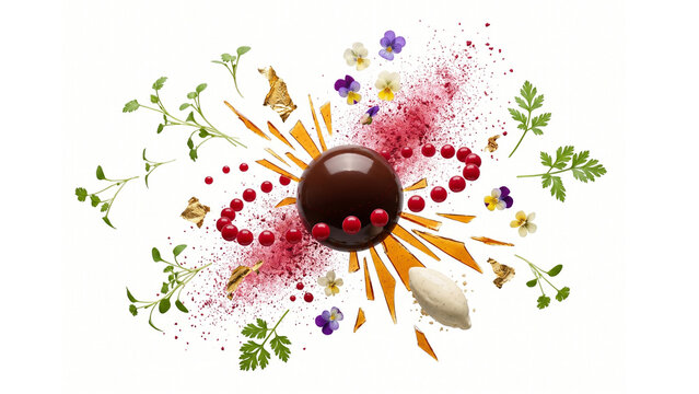 Molecular gastronomy exploded cuisine illustration with chocolate ganache sphere raspberry spherification edible gold leaf micro herbs freeze-dried powder and caramel shards floating on white