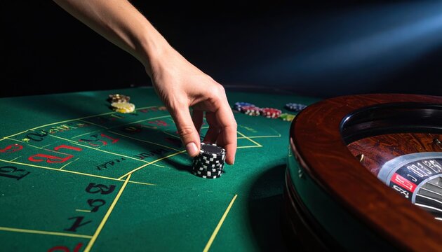 A hand placing a high-value casino chip on a green roulette table, symbolizing a risky bet and the thrill of gambling.