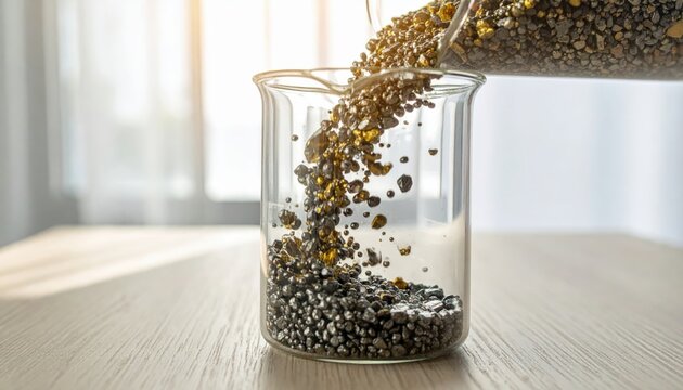 Bright metallic zinc granules shimmering as they are poured into a clear glass laboratory beaker for scientific experimentation