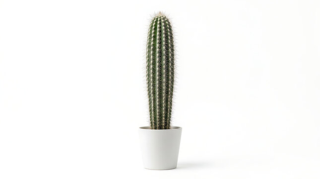 Tall green columnar cactus plant potted in simple minimalist white pot isolated against a clean bright studio background surface