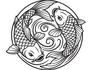 Koi Fish, Yin Yang Symbol, Black Line Art, Circular Design, Aquatic Animals © হরি চাঁদের চাঁদ