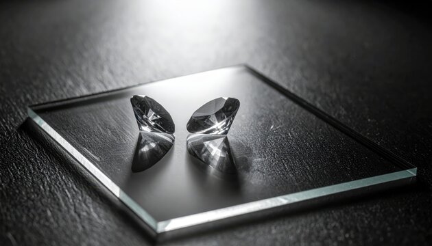 Two Faceted Brilliant Cut Diamonds Resting on a Smooth Reflective Black Glass Surface