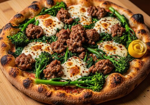 Gourmet sausage and broccolini pizza with fresh mozzarella