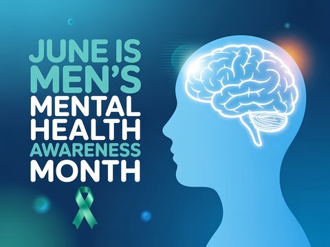 June is mens mental health awareness month concept with glowing brain silhouette and teal ribbon on blue background