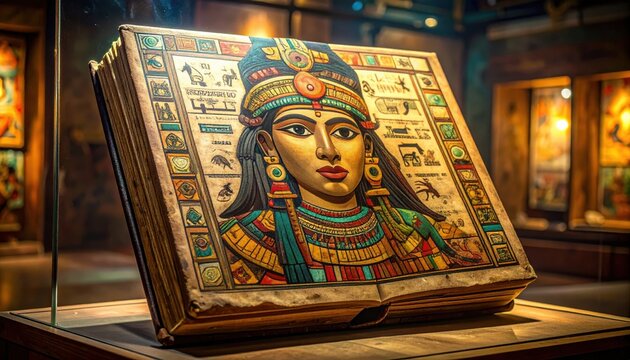Intricately Illustrated Ancient Egyptian Codex Featuring Hieroglyphs and Royal Portrait