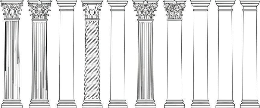 Collection of Classical Architectural Columns in Various Styles Featuring Doric, Ionic, Corinthian, and Decorative Designs for Architectural and Design Projects