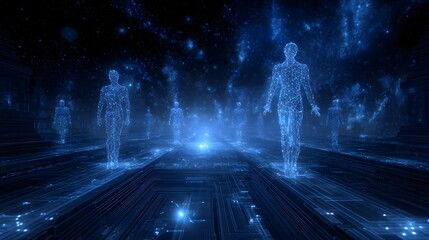 Fototapeta premium Ethereal holographic human figures interact with glowing blue circuitry patterns in a dark futuristic digital environment