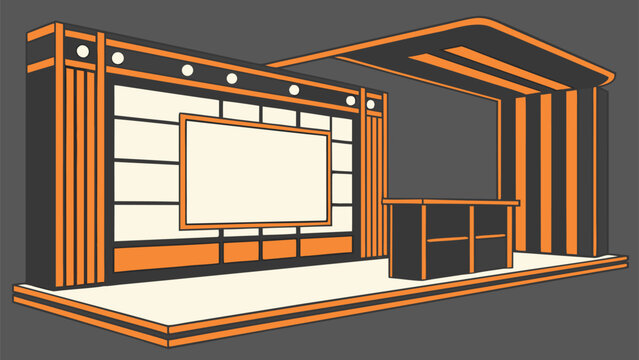 Modern news studio design with orange accents and blank screen illustration vector background for television broadcast or interview presentation with professional desk and geometric wall patterns.