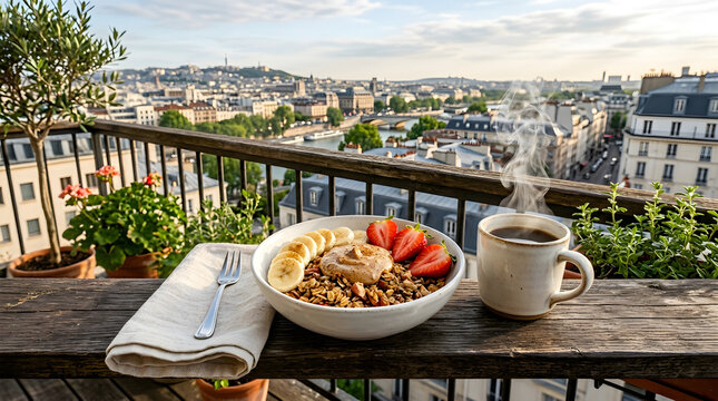 Breakfast on a balcony overlooking Paris cityscape nobody