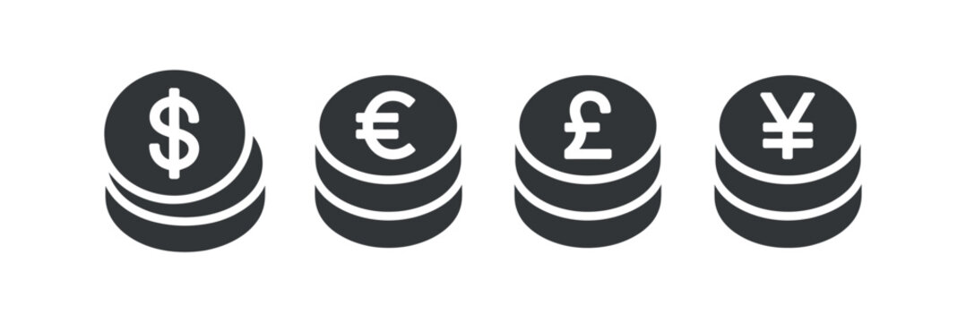 Currency stack icons featuring dollar euro pound and yen symbols