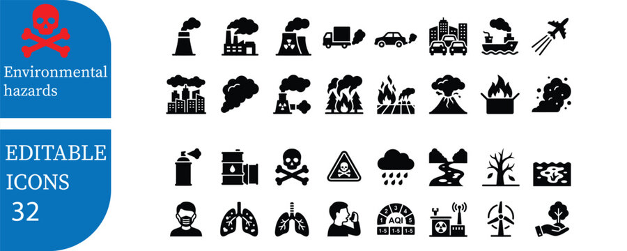 Environmental hazard icons set pollution disaster and safety warnings