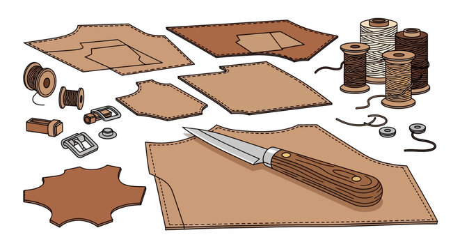 Leather crafting tools and materials arrangement with stitched patterns