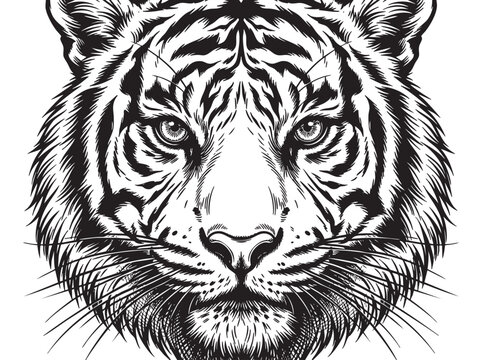 Tiger face, black and white illustration, wildlife art, animal portrait, vector graphic