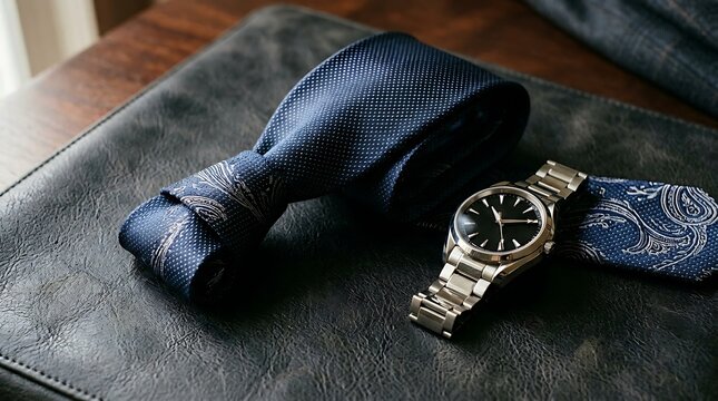 Navy blue paisley patterned necktie resting on a black leather folder next to a stainless steel wristwatch on a dark wooden desk surface in office